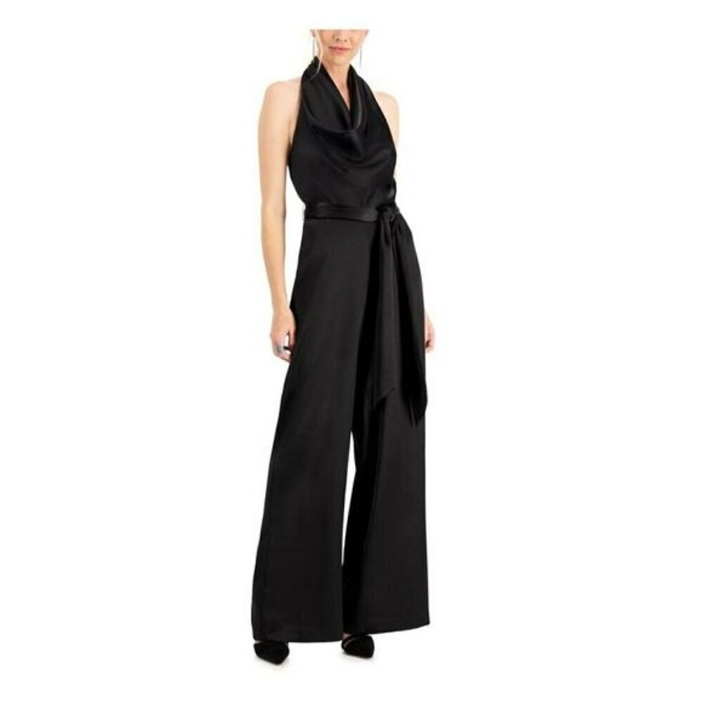 AIDEN MATTOX Halter Drape Neck Satin Jumpsuit in Black Sz 2 NWT